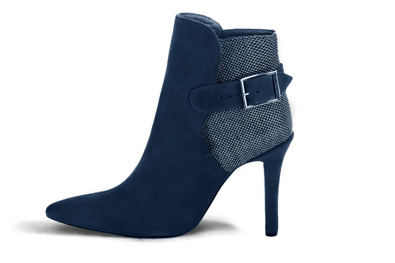 Navy blue women's ankle boots with buckles at the back. Tapered toe. Very high slim heel. Profile view - Florence KOOIJMAN